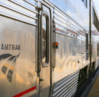 close up of the side of am amtrak train