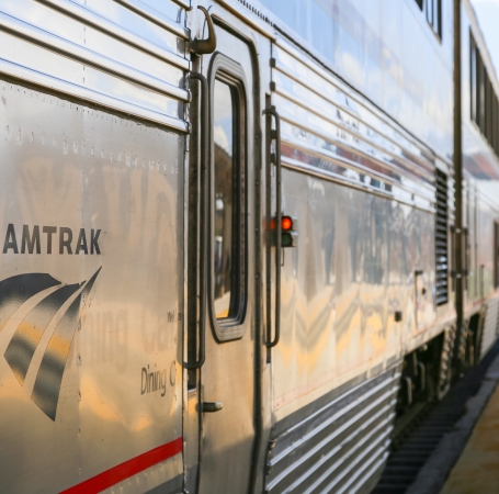close up of the side of am amtrak train