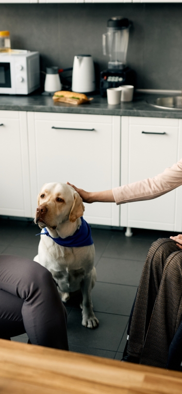 two women and a service dog